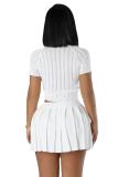 White Knitted Sweaters Sexy Tops Pleated Short Sets