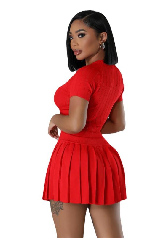 Red Knitted Sweaters Sexy Tops Pleated Short Sets