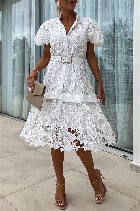 White Short Sleeve Button Lace Embroidered Skirt Fashion Midi Dress with Belt