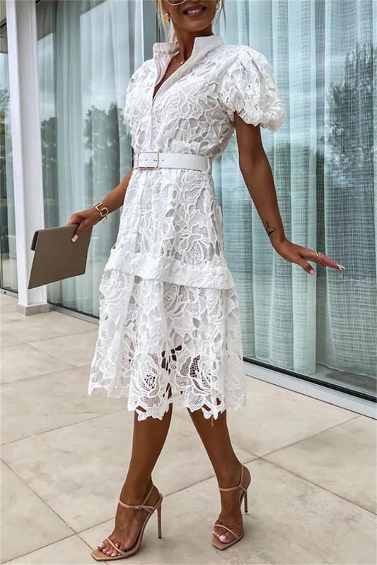 White Short Sleeve Button Lace Embroidered Skirt Fashion Midi Dress with Belt