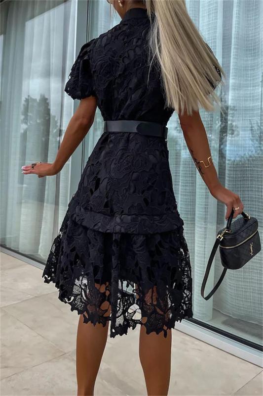 Black Short Sleeve Button Lace Embroidered Skirt Fashion Midi Dress with Belt
