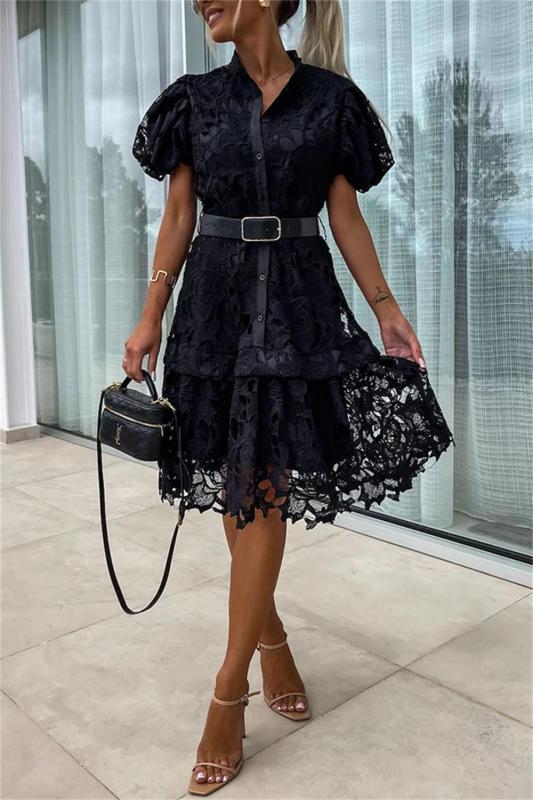 Black Short Sleeve Button Lace Embroidered Skirt Fashion Midi Dress with Belt