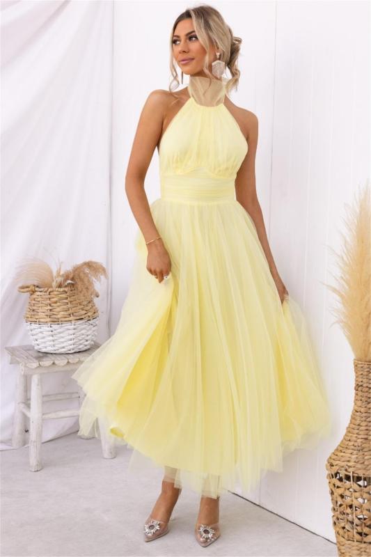 Yellow Sleeveless Halter Mesh Fashion Pleated Long Skirt Dress