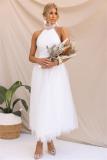 White Sleeveless Halter Mesh Fashion Pleated Long Skirt Dress