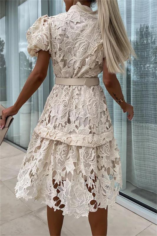 Beige Short Sleeve Button Lace Embroidered Skirt Fashion Midi Dress with Belt