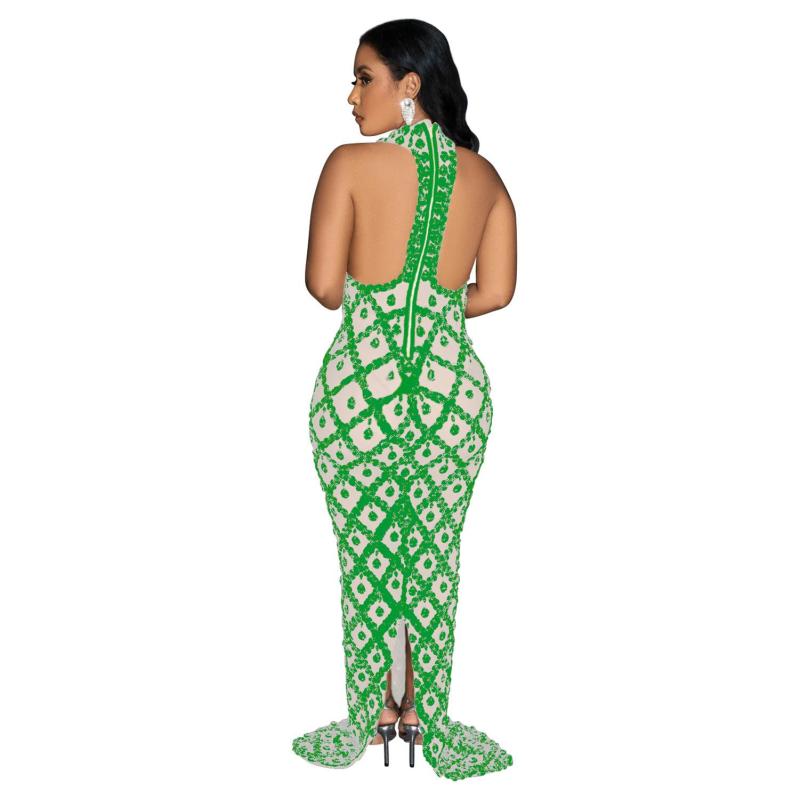Green Sleeveless Sequins Halter Mesh Pleated Prom Luxury Maxi Dress