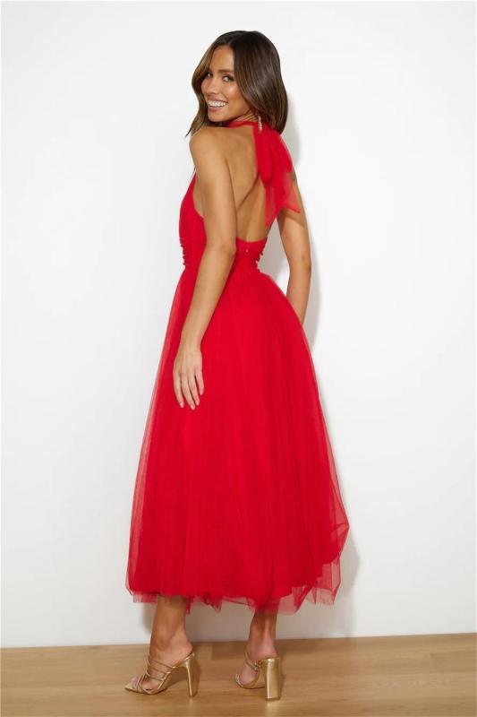 Red Sleeveless Halter Mesh Fashion Pleated Long Skirt Dress