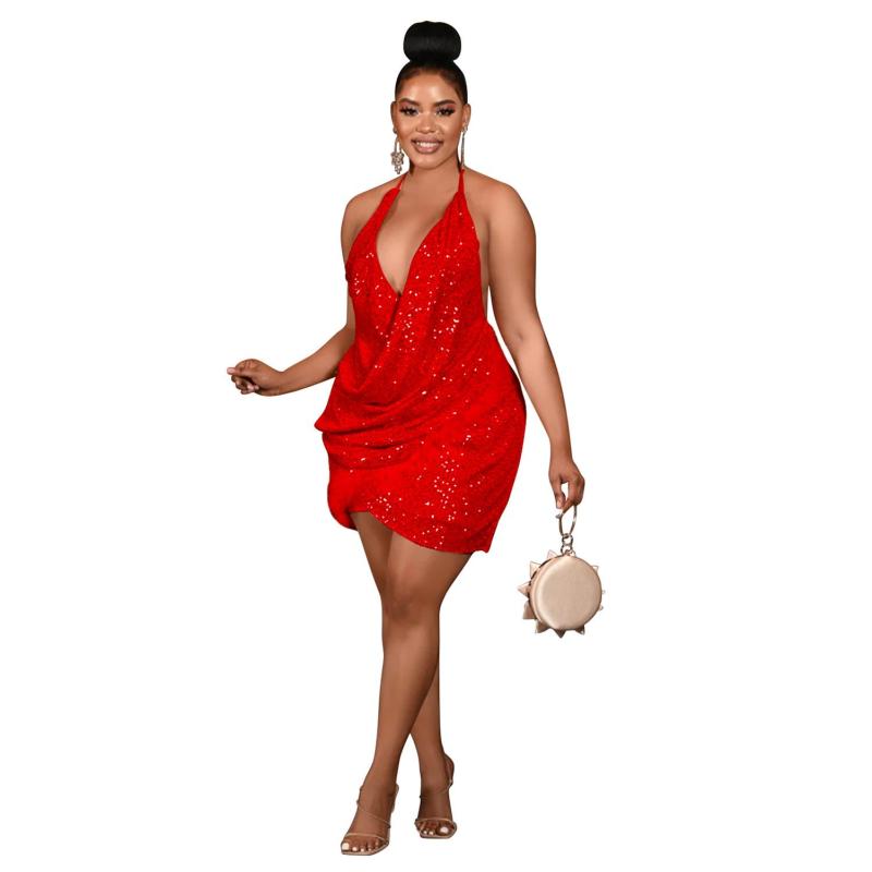 Red Sleeveless Halter Sequins Pleated Sexy Club Mini Dress