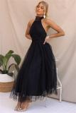 Black Sleeveless Halter Mesh Fashion Pleated Long Skirt Dress