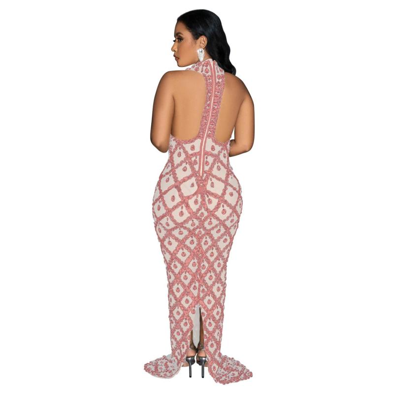 Pink Sleeveless Sequins Halter Mesh Pleated Prom Luxury Maxi Dress