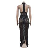 Black Sleeveless Sequins Halter Mesh Pleated Prom Luxury Maxi Dress