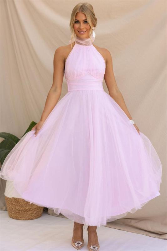 Pink Sleeveless Halter Mesh Fashion Pleated Long Skirt Dress