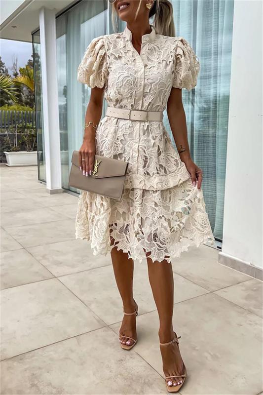 Beige Short Sleeve Button Lace Embroidered Skirt Fashion Midi Dress with Belt