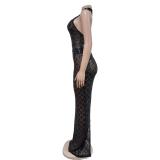 Black Sleeveless Sequins Halter Mesh Pleated Prom Luxury Maxi Dress