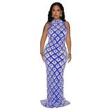 Blue Sleeveless Sequins Halter Mesh Pleated Prom Luxury Maxi Dress
