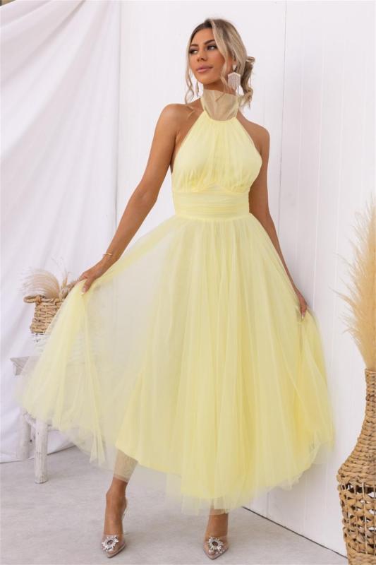 Yellow Sleeveless Halter Mesh Fashion Pleated Long Skirt Dress