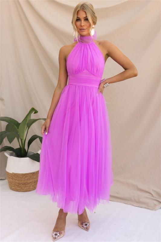 PurpleRed Sleeveless Halter Mesh Fashion Pleated Long Skirt Dress