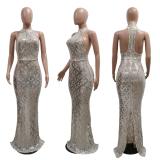 Beige Sleeveless Sequins Halter Mesh Pleated Prom Luxury Maxi Dress
