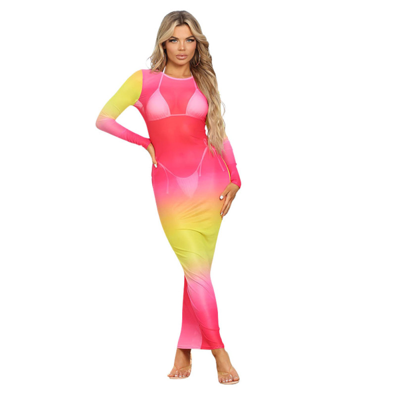 Pink Mesh Long Sleeve Women See Through Sexy Party Midi Dress