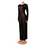 Black Mesh Long Sleeve Women See Through Sexy Party Midi Dress