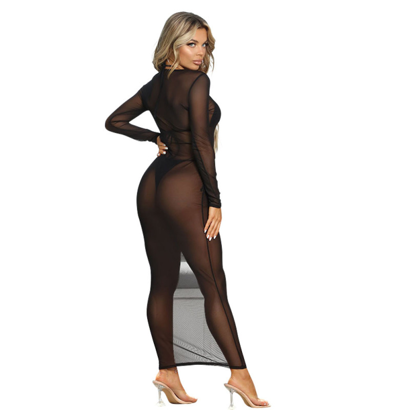 Black Mesh Long Sleeve Women See Through Sexy Party Midi Dress