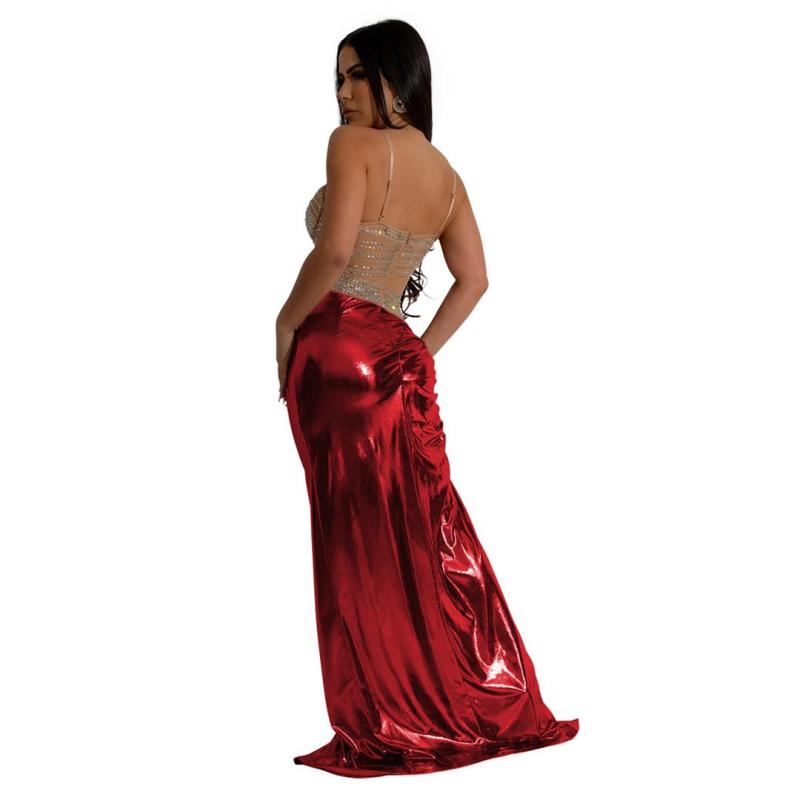 Red Straps Mesh Rhinestone See Through Gilding Evening Prom Dress