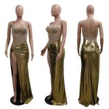 Gold Straps Mesh Rhinestone See Through Gilding Evening Prom Dress