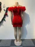 Red Off Shoulder Feather Bodycon Sequins Pleated Mini Club Dress