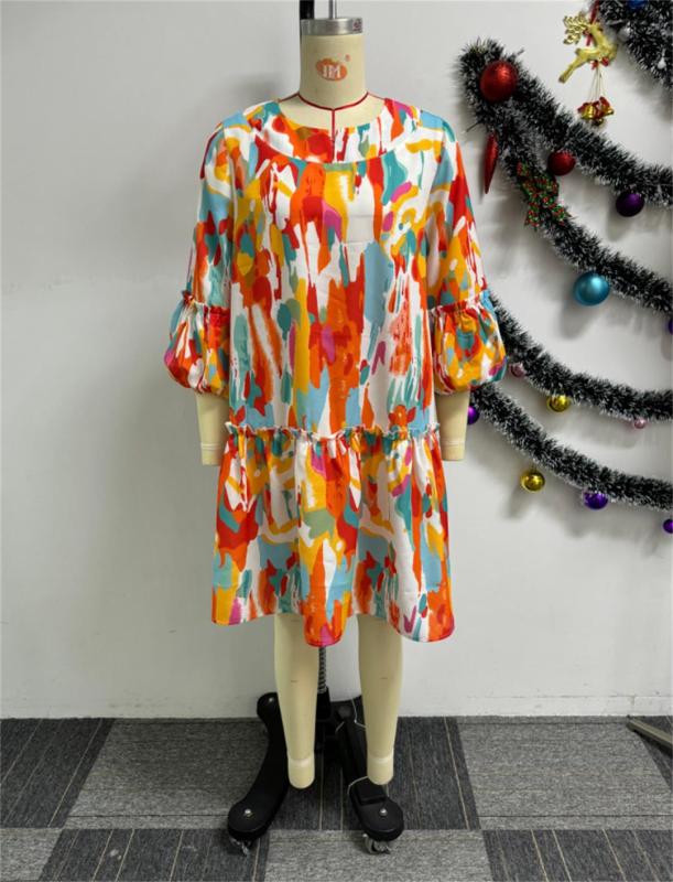 Orange Lantern Sleeve V Neck Print Women Skirt Floral Dress