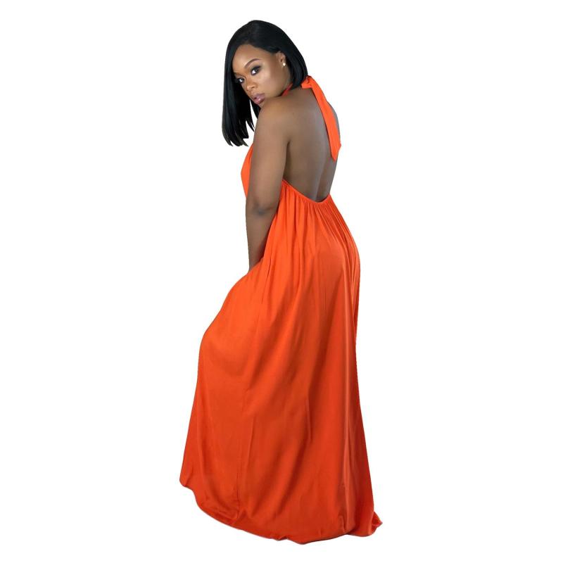 Orange Halter O Neck Backless Pleated Summer Women Maxi Dress