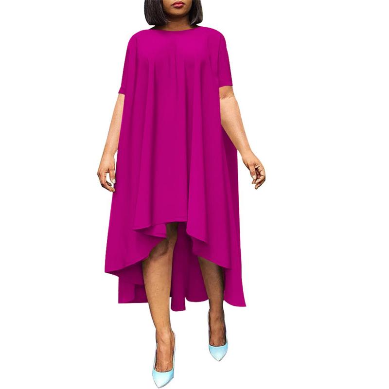 Purple Red Short Sleeve O Neck Pleated Fashion Women Skirt Midi Dress