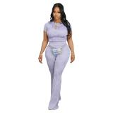 Light Purple Short Sleeve Tops Pleated Women Long Pant Sets Dress