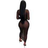 Black Mesh Long Sleeve Printed Sexy Party Midi Dress