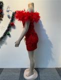 Red Off Shoulder Feather Bodycon Sequins Pleated Mini Club Dress