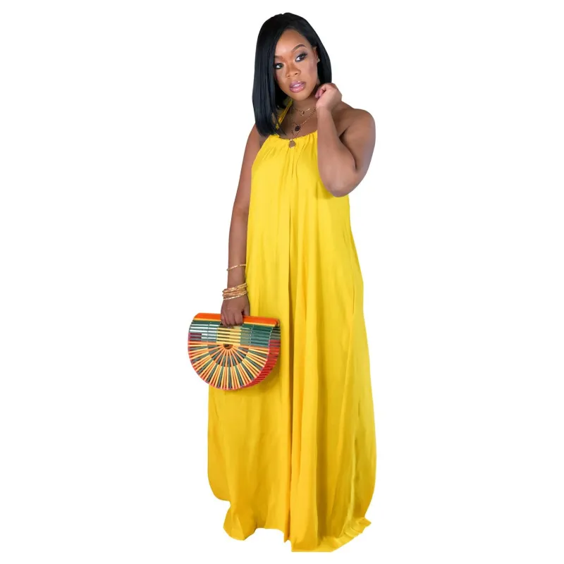 Yellow Halter O Neck Backless Pleated Summer Women Maxi Dress