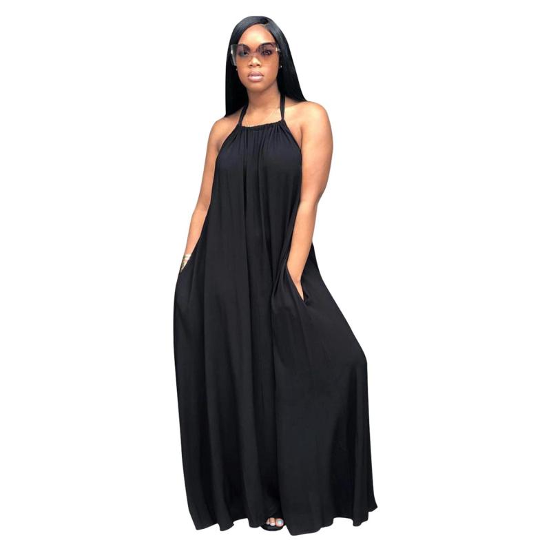 Black Halter O Neck Backless Pleated Summer Women Maxi Dress