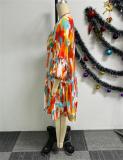 Orange Lantern Sleeve V Neck Print Women Skirt Floral Dress
