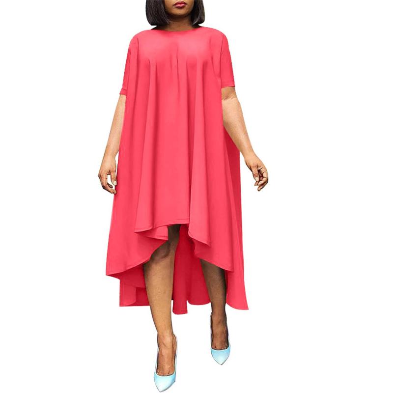 Pink Red Short Sleeve O Neck Pleated Fashion Women Skirt Midi Dress