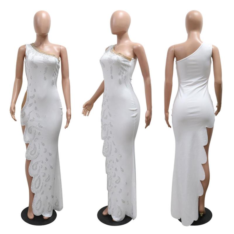 White One Shoulder Rhinestones Irregular Hollow Mesh Sexy Prom Long Dress