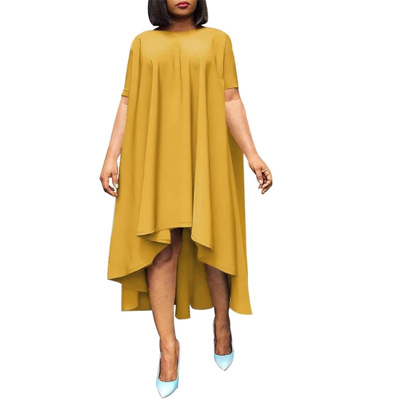 Yellow Short Sleeve O Neck Pleated Fashion Women Skirt Midi Dress