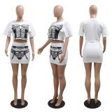 White Short Sleeve Printed Crop Tops Pleated Sexy Mini Dress Sets