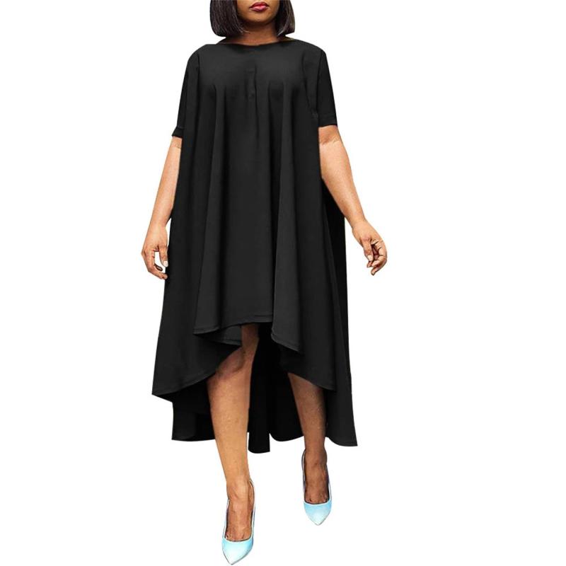 Black Short Sleeve O Neck Pleated Fashion Women Skirt Midi Dress