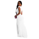 White Sleeveless Deep V Neck Pleated Evening Prom Party Maxi Dress