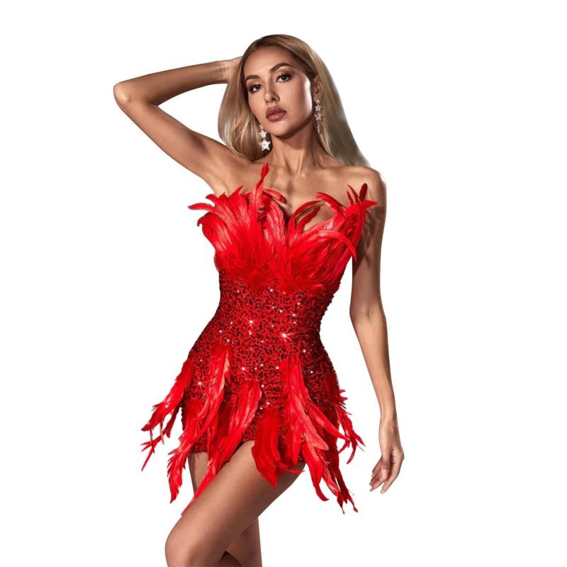 Red Off Shoulder Feather Bodycon Sequins Sexy Club Mini Dress