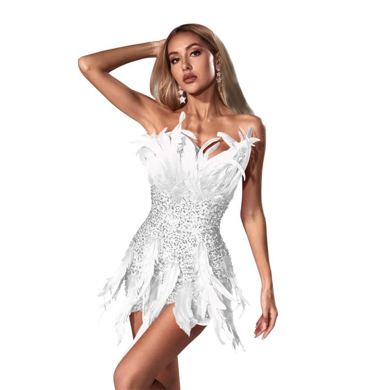 White Off Shoulder Feather Bodycon Sequins Sexy Club Mini Dress
