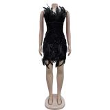 Black Off Shoulder Feather Bodycon Sequins Sexy Club Mini Dress