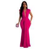 Rose Red Sleeveless Deep V Neck Pleated Evening Prom Party Maxi Dress
