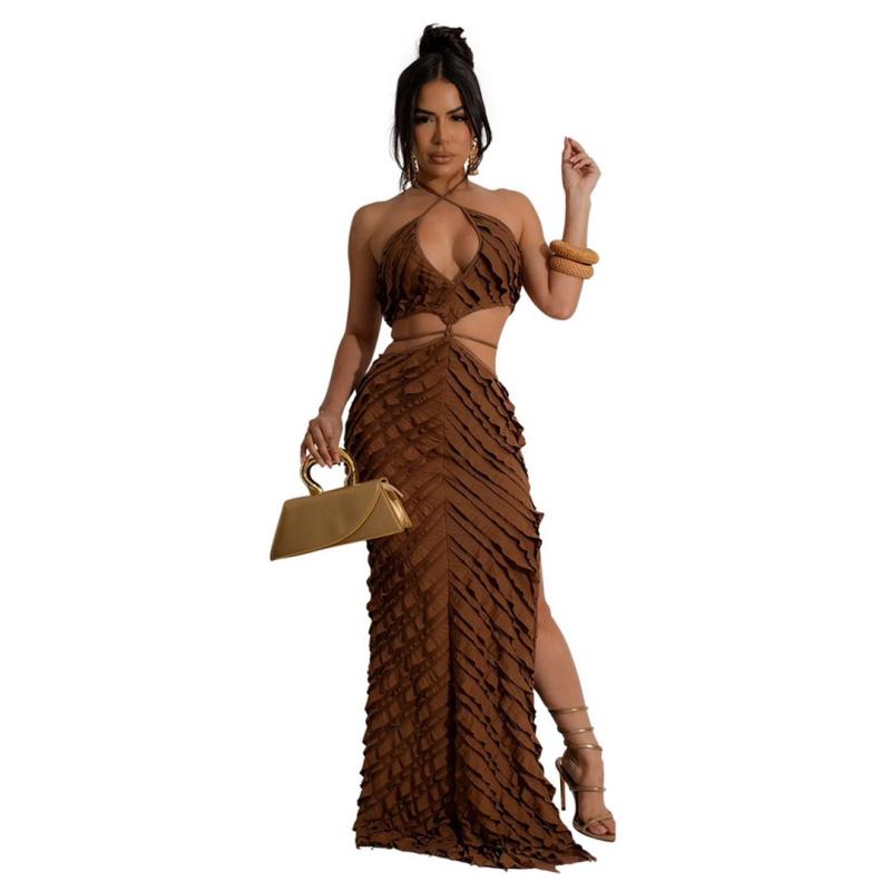 Brown Straps Hollow Out Sexy Ruffles Slit Maxi Dress