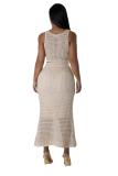 Beige Knitted Sleeveless Button Vest Tops Two Pieces Hollow Women Midi Skirt Sets Dress
