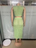 Light Green Knitted Sleeveless Button Vest Tops Two Pieces Hollow Women Midi Skirt Sets Dress